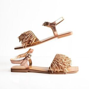Anthropologie Maeve Rose Gold Beaded Flat Sandals Leather Ankle strap US 8 New